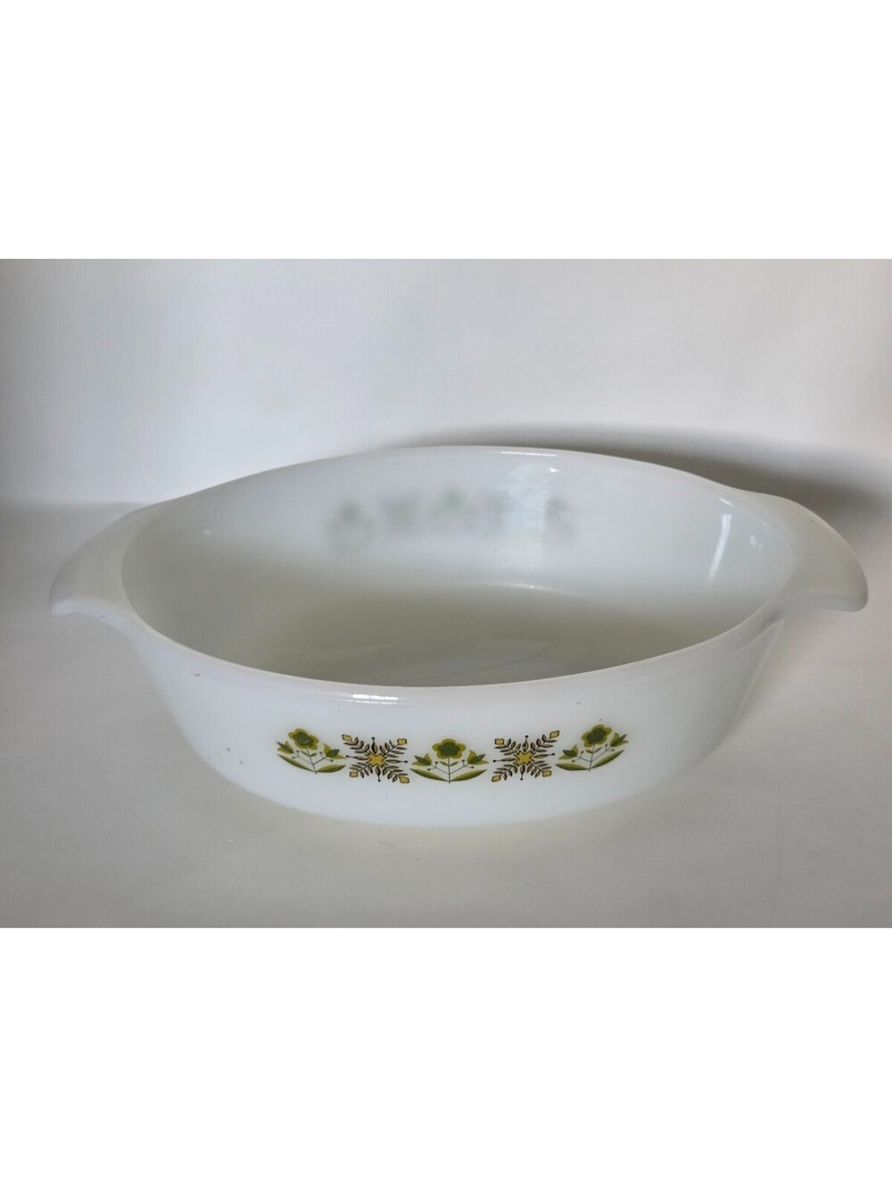 Vintage Anchor Hocking Fire-King 1.5 Qt Oval Casserole Dish Green Floral Pattern